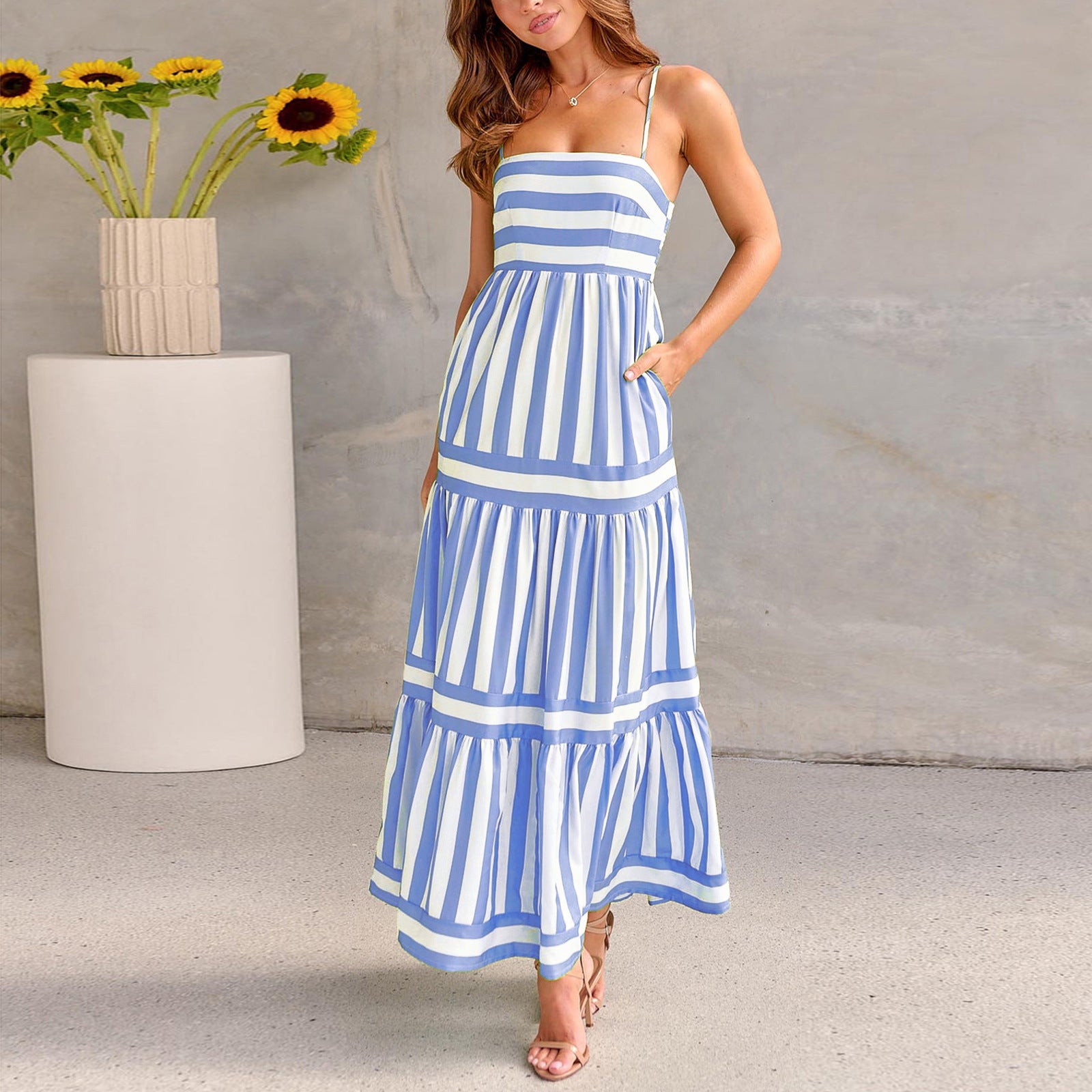 Summer Striped Suspender Long Dress