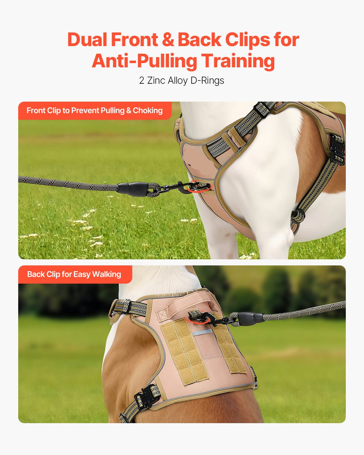 Dog harness with dual front and back clips for anti-pulling training on a grassy background.