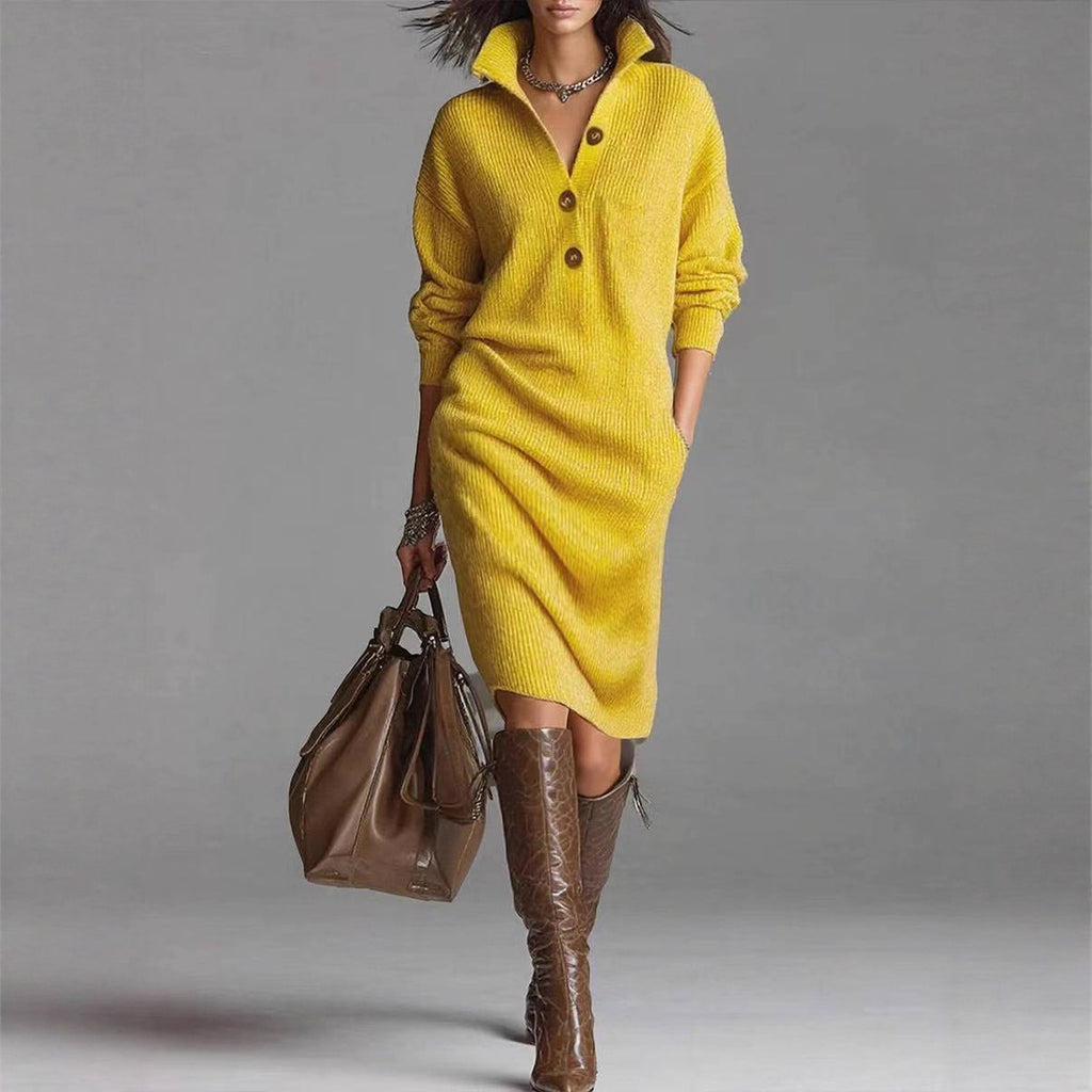 Long-sleeved Sweater Dress Warm Collar V-neck