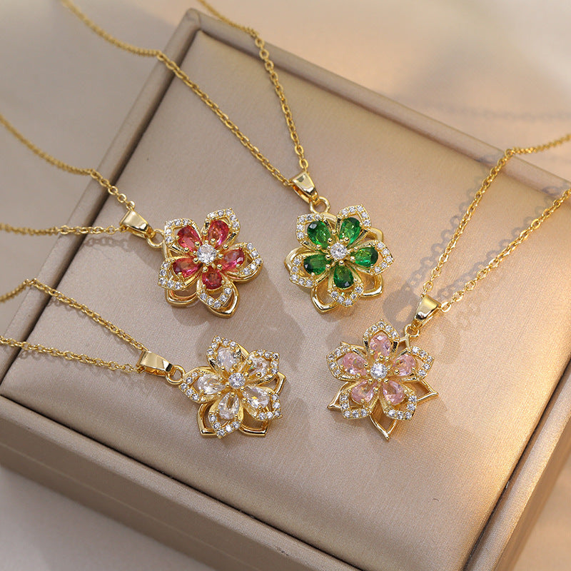 Rhinestone Flower Rotatable Necklace