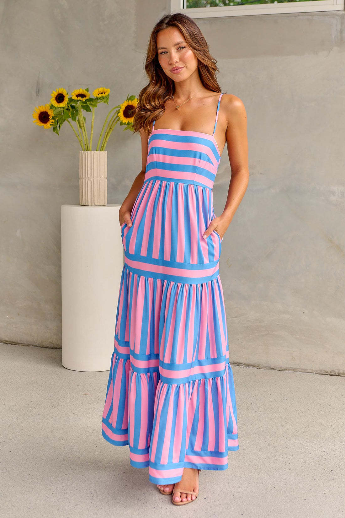 Summer Striped Suspender Long Dress