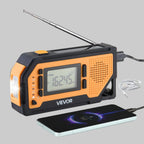 Orange and black VEVOR emergency radio with USB charging cable on a white background