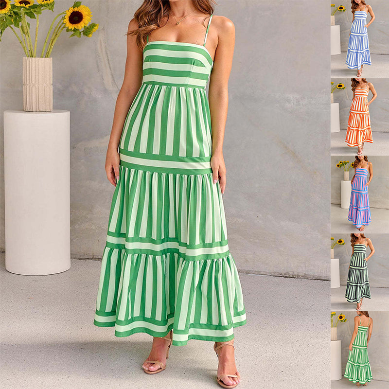 Summer Striped Suspender Long Dress