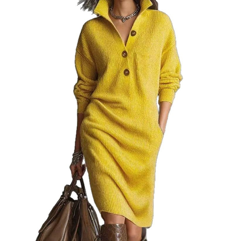 Long-sleeved Sweater Dress Warm Collar V-neck