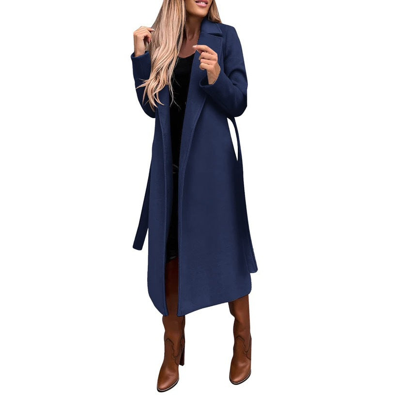 Woolen V-Neck Lace-Up Long Coat for Women