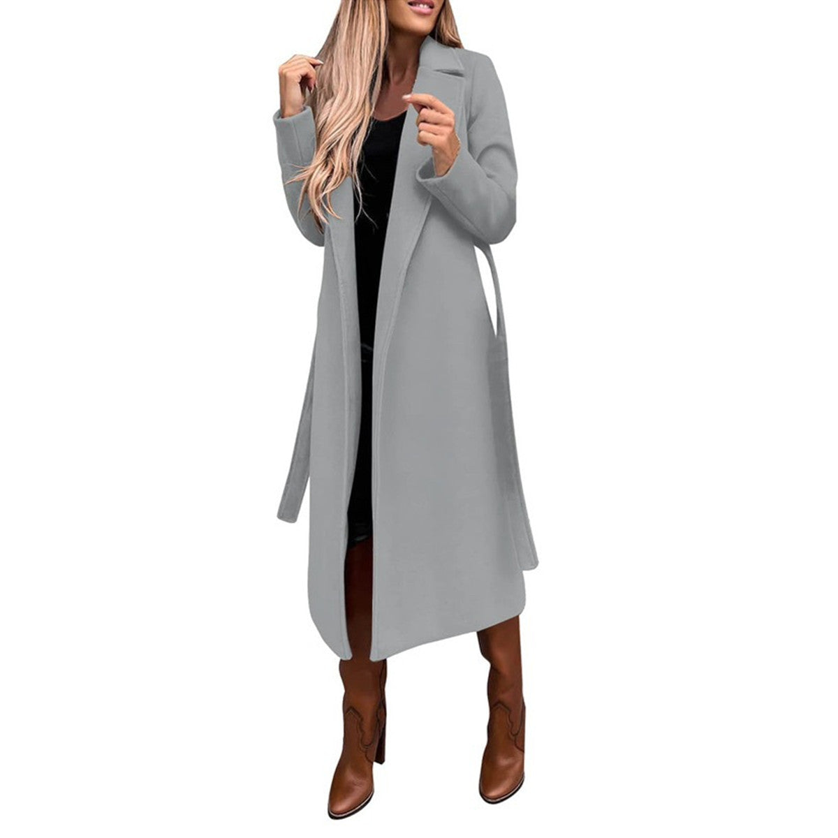 Woolen V-Neck Lace-Up Long Coat for Women