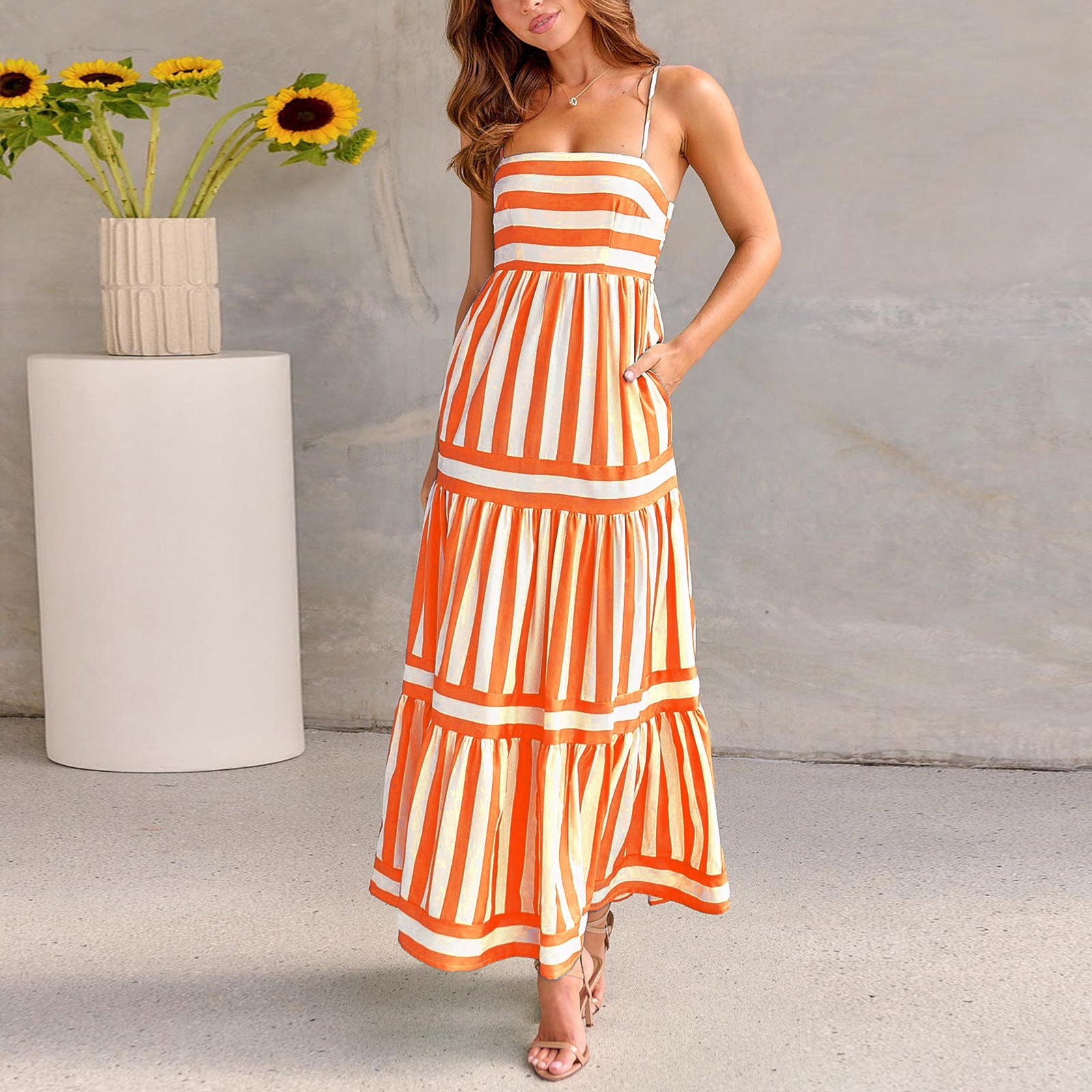 Summer Striped Suspender Long Dress