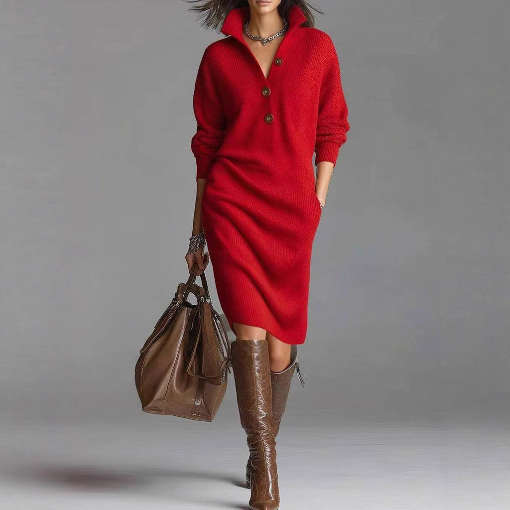 Long-sleeved Sweater Dress Warm Collar V-neck