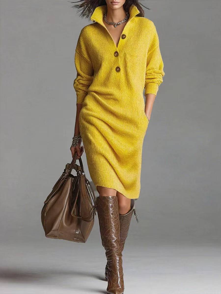 Long-sleeved Sweater Dress Warm Collar V-neck