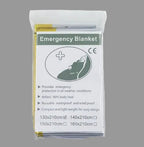 Emergency blanket packaging with text and CE mark on a white background