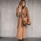 Woolen V-Neck Lace-Up Long Coat for Women