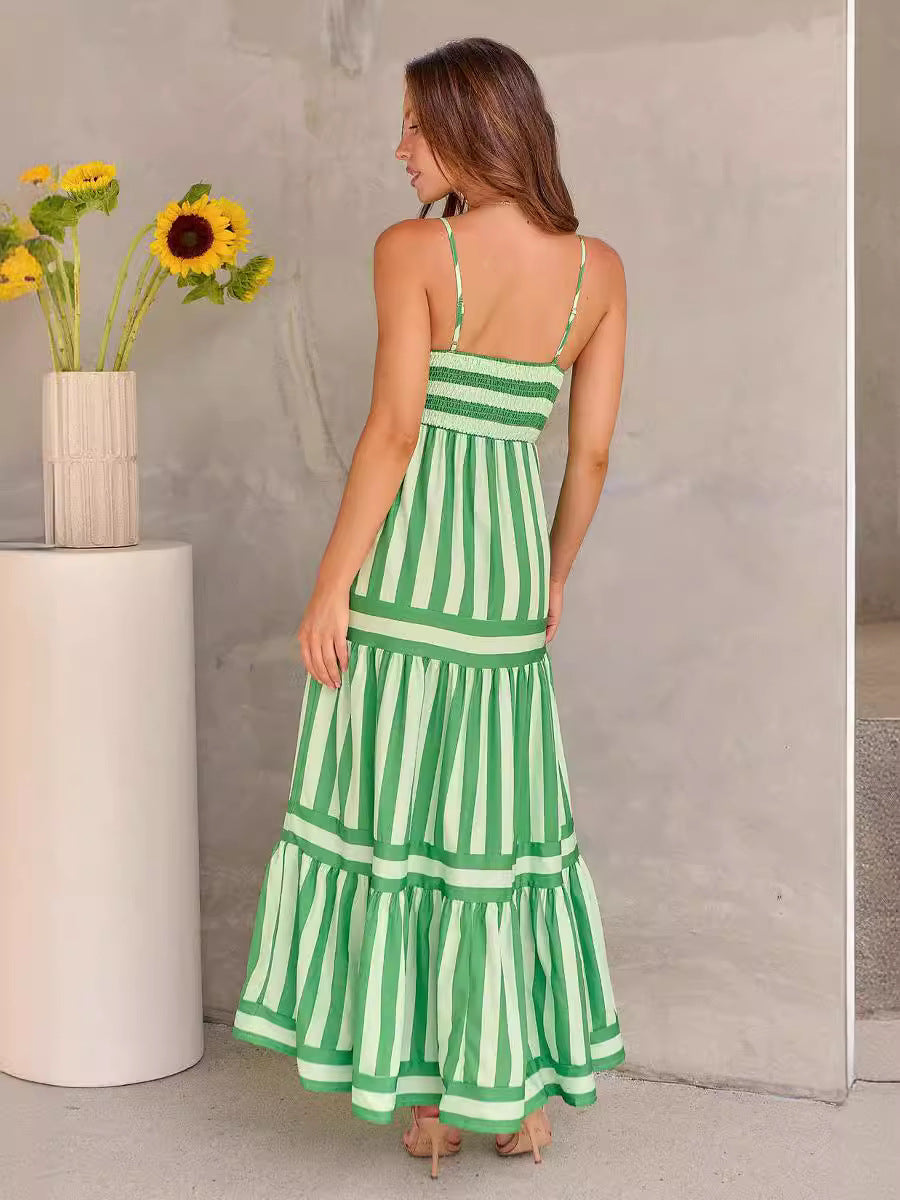 Summer Striped Suspender Long Dress