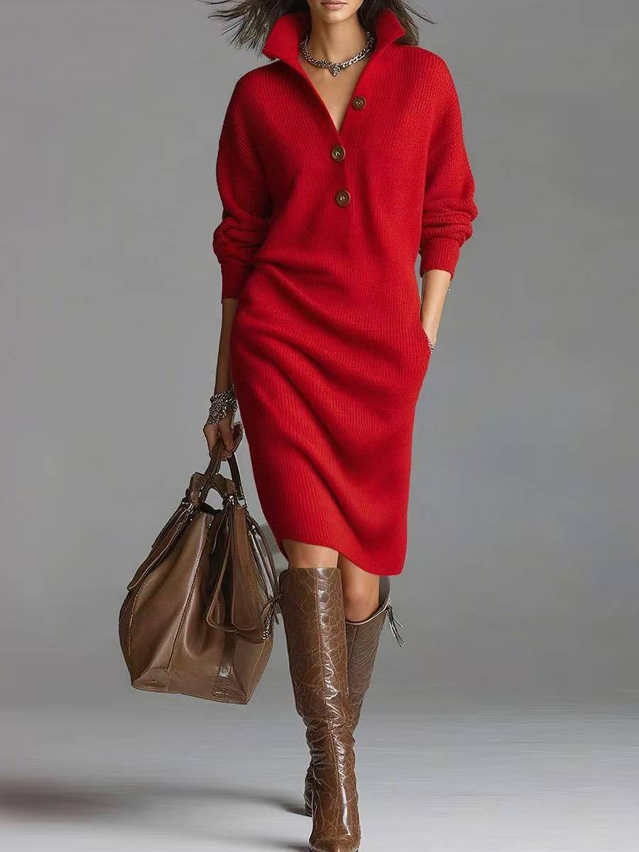 Long-sleeved Sweater Dress Warm Collar V-neck