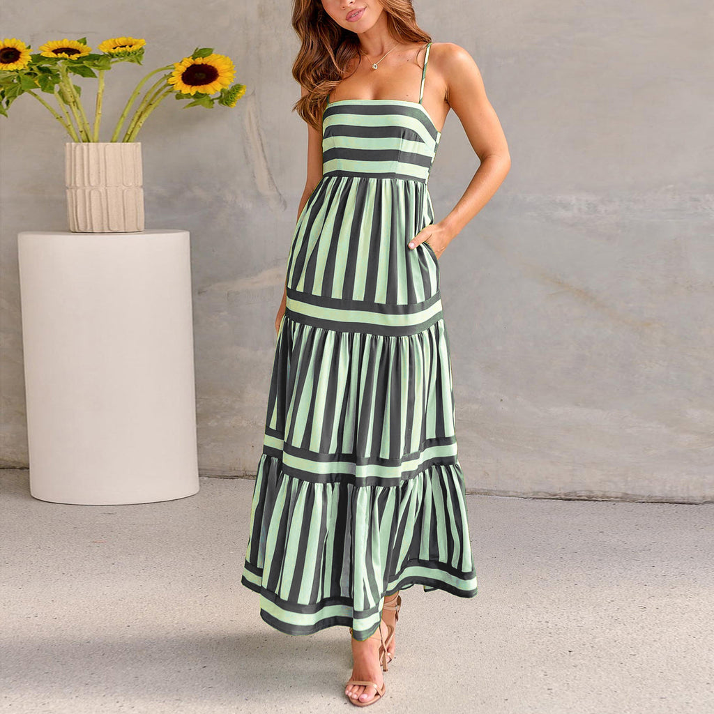 Summer Striped Suspender Long Dress