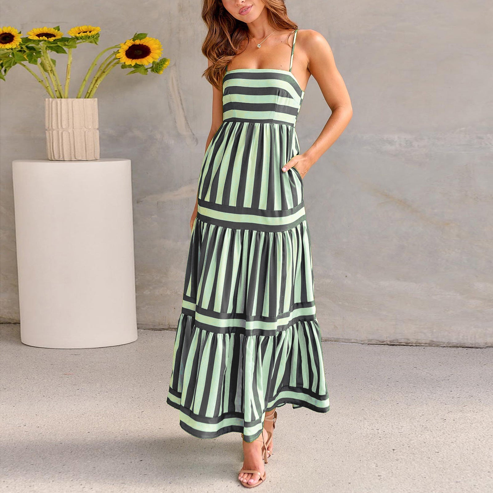 Summer Striped Suspender Long Dress