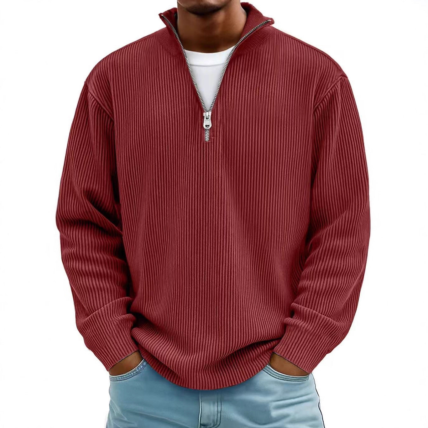 Corduroy Zipper Stand Collar Sweatshirt