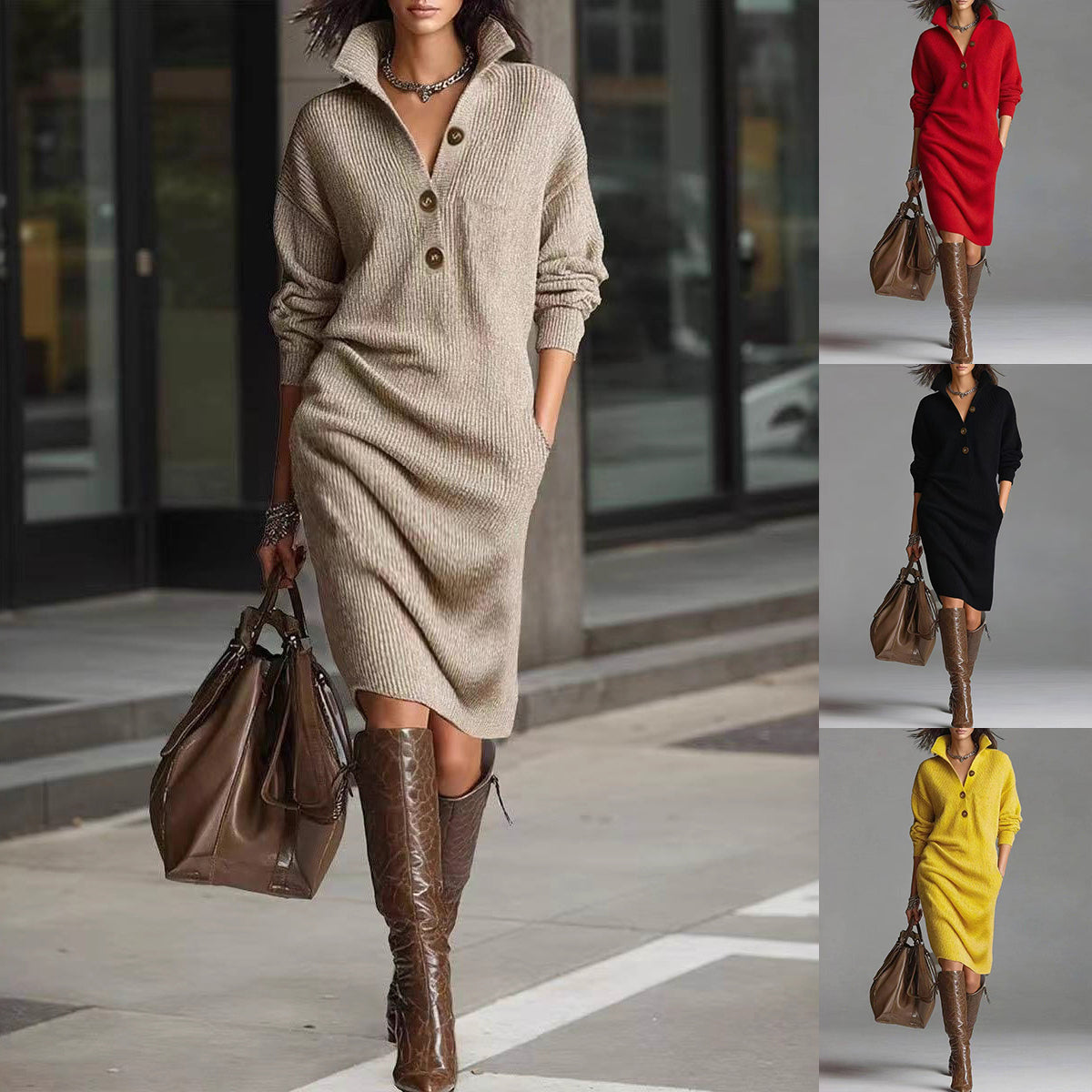 Long-sleeved Sweater Dress Warm Collar V-neck