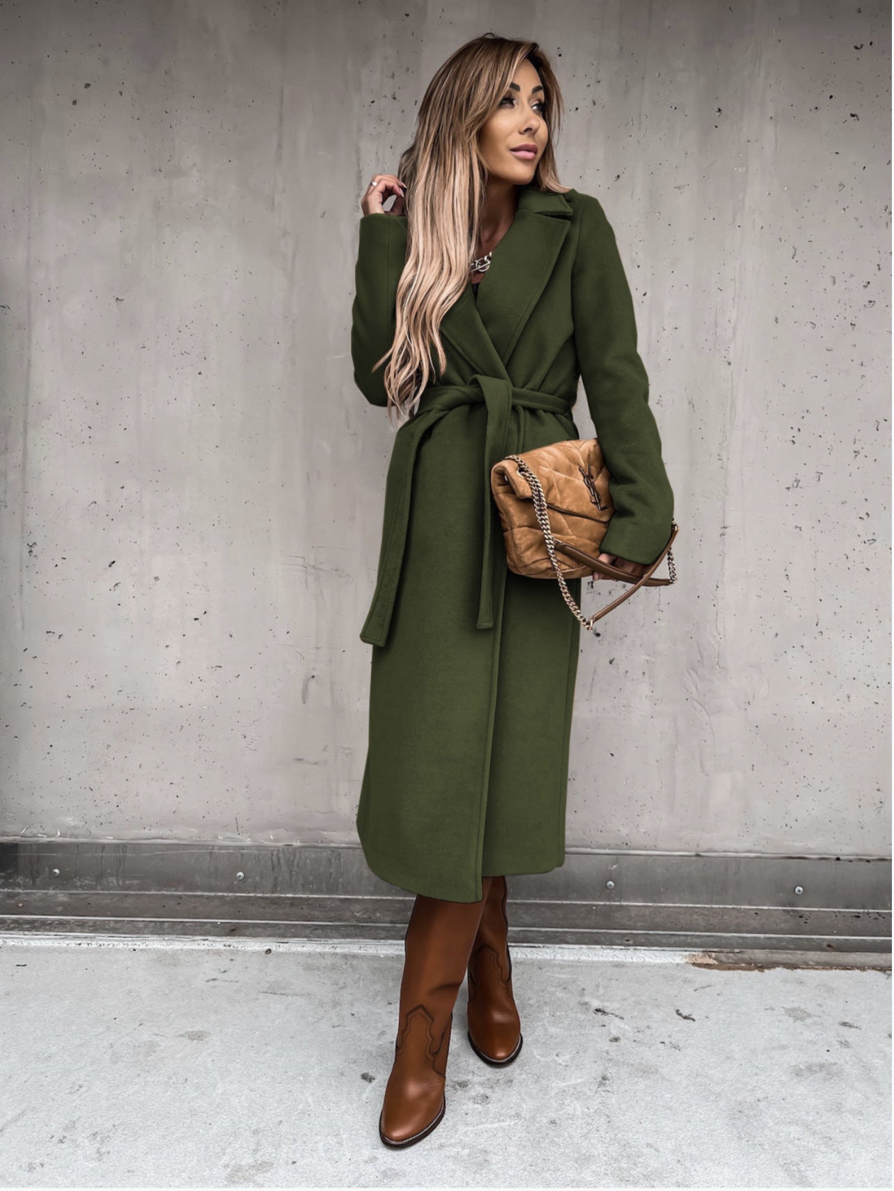 Woolen V-Neck Lace-Up Long Coat for Women