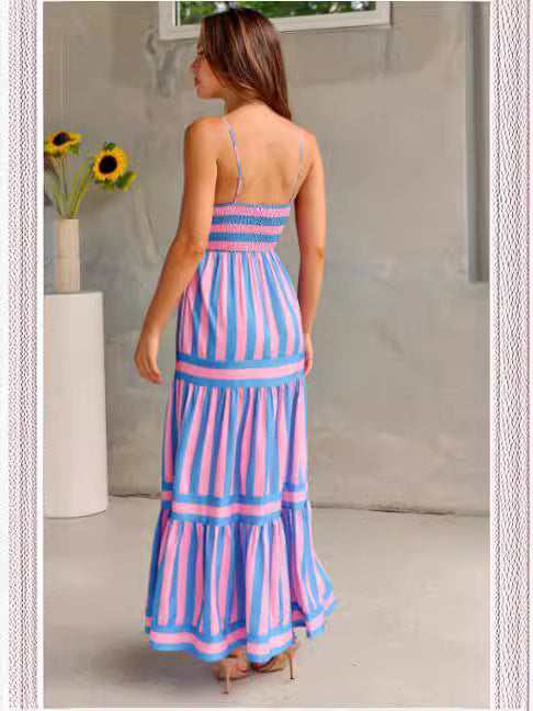 Summer Striped Suspender Long Dress