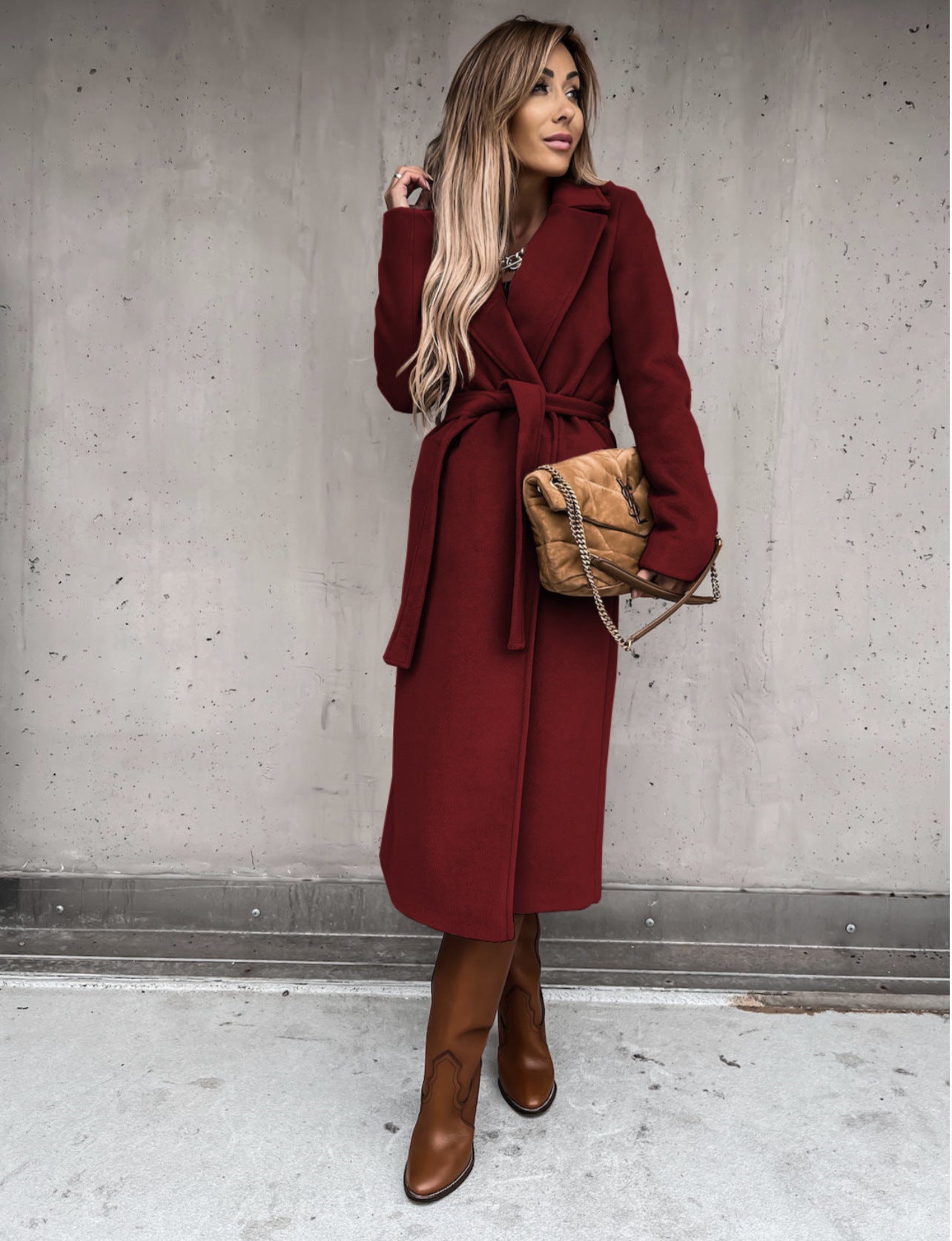 Woolen V-Neck Lace-Up Long Coat for Women