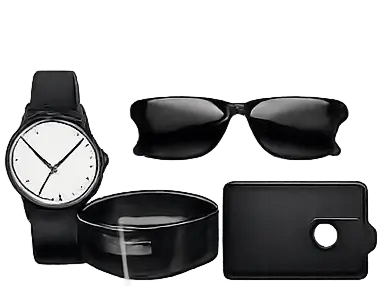 Set of men's accessories including a watch, sunglasses, and a wallet on a white background with 'Men's Accessories' text.