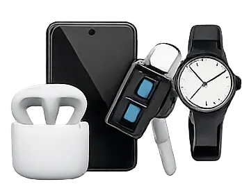 Set of men's essentials including a phone, watch, earbuds, and keychain on a white background with 'Men's Essentials' text.